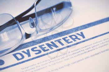 Diagnosis - Dysentery. Medicine Concept with Blurred Text and Eyeglasses on Blue Background. Selective Focus. 3D Rendering.