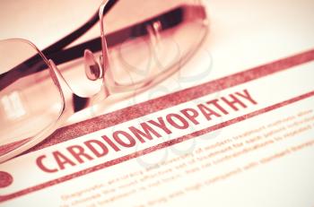 Cardiomyopathy - Medical Concept with Blurred Text and Specs on Red Background. Selective Focus. 3D Rendering.