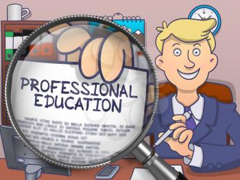 Officeman in Suit Looking at Camera and Holds Out a Paper with Text Professional Education Concept through Magnifier. Closeup View. Colored Modern Line Illustration in Doodle Style.