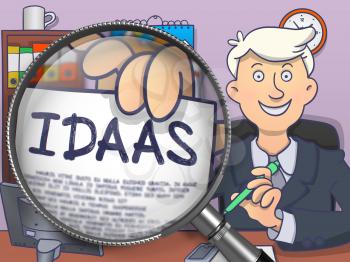Man in Suit Holds Out a Concept on Paper IDAAS Concept through Magnifying Glass. Closeup View. Colored Modern Line Illustration in Doodle Style.