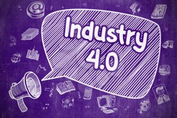 Industry 4.0 on Speech Bubble. Cartoon Illustration of Yelling Bullhorn. Advertising Concept. Screaming Horn Speaker with Wording Industry 4.0 on Speech Bubble. Doodle Illustration. Business Concept. 