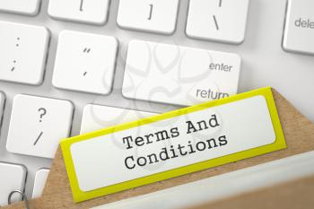 Yellow Index Card with Inscription Terms And Conditions on Background of Modern Laptop Keyboard. Closeup View. Selective Focus. 3D Rendering.