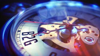 Vintage Pocket Clock Face with B2G - Business To Government Wording, Close Up View of Watch Mechanism. Business Concept. Lens Flare Effect. 3D Render.