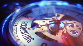 Pocket Watch Face with Accounting Inscription, CloseUp View of Watch Mechanism. Business Concept. Light Leaks Effect. 3D Illustration.