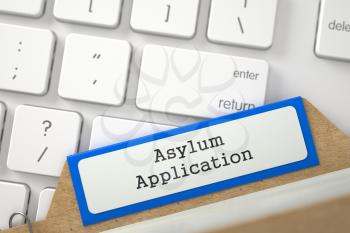 Asylum Application written on Orange Sort Index Card on Background of Modern Metallic Keyboard. Close Up View. Selective Focus. 3D Rendering.