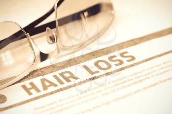 Hair Loss - Printed Diagnosis with Blurred Text on Red Background with Glasses. Medical Concept. 3D Rendering.