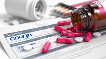 Cough Wording in Differential Diagnoses. Close View of Medicine Concept. Cough - Handwritten Diagnosis in the Anamnesis. Medical Concept with Red Pills, CloseUp View, Selective Focus. 3D Illustration.