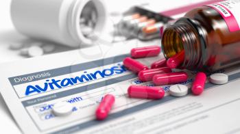 Handwritten Diagnosis Avitaminosis in the History of the Present Illness. Medicaments Composition of Red Pills, Blister of Pills and Bottle of Tablets. 3D Illustration.