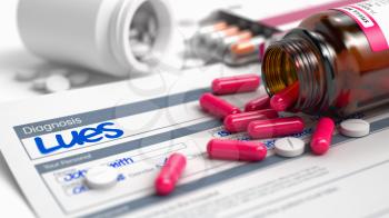 Lues Wording in Differential Diagnoses. CloseUp View of Medicine Concept. Lues - Handwritten Diagnosis in the Anamnesis. Medicine Concept with Red Pills, CloseUp View, Selective Focus. 3D.