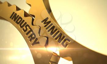 Mining Industry on the Mechanism of Golden Metallic Cogwheels with Glow Effect. 3D Render.