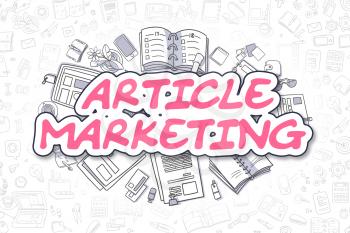 Business Illustration of Article Marketing. Doodle Magenta Word Hand Drawn Cartoon Design Elements. Article Marketing Concept. 