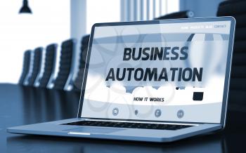 Business Automation on Landing Page of Mobile Computer Display. Closeup View. Modern Conference Room Background. Toned Image. Blurred Background. 3D Rendering.