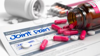 Handwritten Diagnosis Joint Pain in the Disease Extract. Medicaments Composition of Red Pills, Blister of Pills and Bottle of Tablets. 3D.