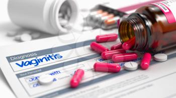 Handwritten Diagnosis Vaginitis in the Anamnesis. Medicaments Composition of Blister of Red Pills, Blister of Pills and Bottle of Tablets. 3D Illustration.