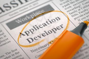 Application Developer - Classified Advertisement of Hiring in Newspaper, Circled with a Orange Highlighter. Blurred Image with Selective focus. Hiring Concept. 3D Render.