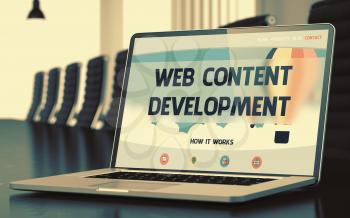 Web Content Development Concept. Closeup of Landing Page on Laptop Display in Modern Conference Room. Blurred Image. Selective focus. 3D Rendering.