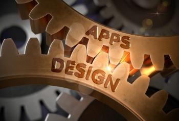 Apps Design - Illustration with Glow Effect and Lens Flare. Apps Design Golden Cogwheels. 3D Rendering.