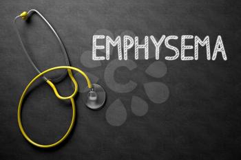 Medical Concept - Emphysema Handwritten on Black Chalkboard. Top View Composition with Chalkboard and Yellow Stethoscope. Medical Concept: Emphysema Handwritten on Black Chalkboard. 3D Rendering.