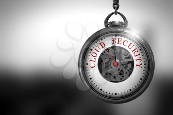 Business Concept: Vintage Watch with Cloud Security - Red Text on it Face. Cloud Security on Vintage Pocket Clock Face with Close View of Watch Mechanism. Business Concept. 3D Rendering.