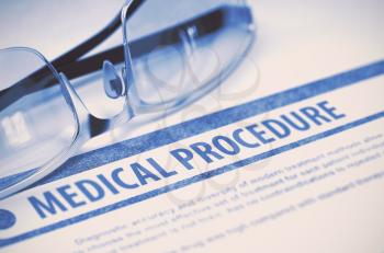 Medical Procedure - Medical Concept on Blue Background with Blurred Text and Composition of Glasses. 3D Rendering.