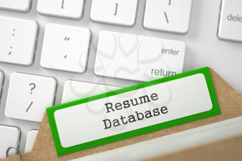 Resume Database written on Green File Card Overlies Modern Keyboard. Closeup View. Blurred Image. 3D Rendering.