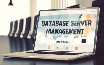 Database Server Management Concept. Closeup of Landing Page on Mobile Computer Display in Modern Conference Hall. Toned Image with Selective Focus. 3D Illustration.