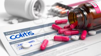 Colitis Phrase in Anamnesis. Close View of Medical Concept. Handwritten Diagnosis Colitis in the Anamnesis. Medicaments Composition of Red Pills, Blister of Pills and Bottle of Tablets. 3D.