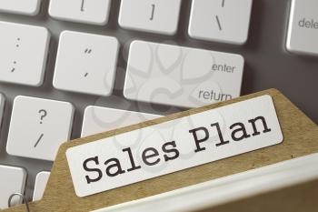 Sales Plan. Folder Index on Background of Modern Laptop Keyboard. Archive Concept. Closeup View. Selective Focus. Toned Image. 3D Rendering.