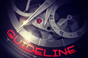 Guideline on the Men Wrist Watch, Chronograph Close Up. Gears and Mainspring in the Mechanism of a Watch with Guideline on Face of It. Time Concept with Glowing Light Effect. 3D Rendering.