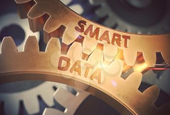Smart Data on the Mechanism of Golden Cog Gears with Glow Effect. Smart Data on Golden Metallic Cog Gears. 3D Rendering.