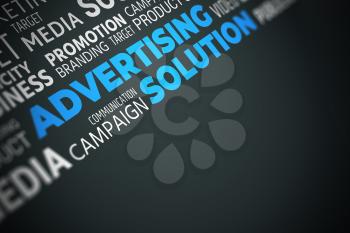 Advertising Solution - Word Cloud with Copy Space. Blue on Black Illustration.