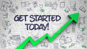 Get Started Today - Modern Style Illustration with Hand Drawn Elements. Get Started Today Inscription on Line Style Illustation. with Green Arrow and Doodle Icons Around. 3d