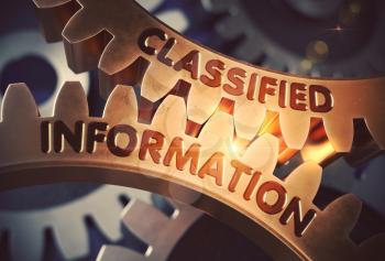 Classified Information on Mechanism of Golden Gears with Glow Effect. Classified Information Golden Cogwheels. 3D Rendering.