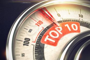 3D of a Gauge with Red Needle Pointing the Inscription Top 10. Business or Marketing Concept. Top 10 - Conceptual Compass with Red Caption on It. Horizontal image. 3D Render.