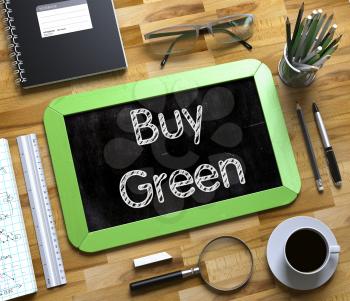 Buy Green Handwritten on Small Chalkboard. Business Concept - Buy Green Handwritten on Green Small Chalkboard. Top View Composition with Chalkboard and Office Supplies on Office Desk. 3d Rendering.