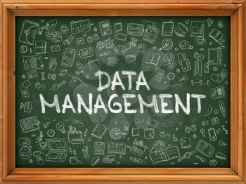 Green Chalkboard with Hand Drawn Data Management with Doodle Icons Around. Line Style Illustration.