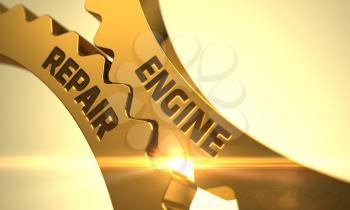 Engine Repair Golden Metallic Cogwheels. Engine Repair - Industrial Design. Engine Repair - Industrial Illustration with Glow Effect and Lens Flare. 3D Render.