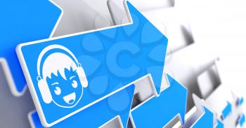 Happy Boy with Headphones Icon on Blue Arrow. Sound, Music Concept.