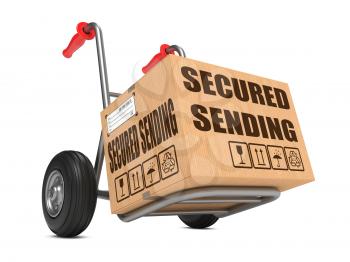 Cardboard Box with Secured Sending Slogan on Hand Truck Isolated on White.