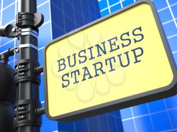 Business Startup. Signpost on Blue Modern Building Background.