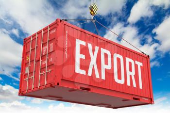 Export - Red Cargo Container hoisted with hook on Blue Sky Background.