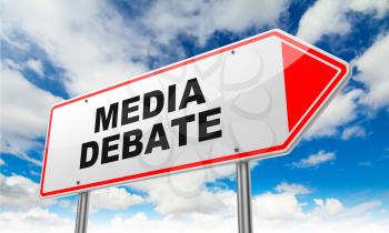 Media Debate - Inscription on Red Road Sign on Sky Background.