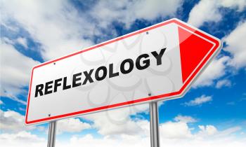 Reflexology - Inscription on Red Road Sign on Sky Background.