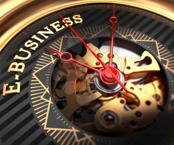 E-Business on Black-Golden Watch Face with Closeup View of Watch Mechanism.