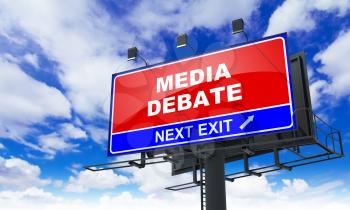 Media Debate Inscription on Red Billboard on Sky Background.