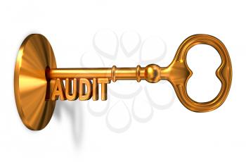 Audit - Golden Key is Inserted into the Keyhole Isolated on White Background