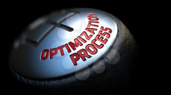 Optimization Process. Gear Shift with Red Text on Black Background. Selective Focus. 3D Render.