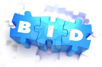 Bid - White Word on Blue Puzzles on White Background. 3D Illustration.