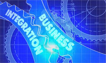 Business Integration on Blueprint of Cogs. Technical Drawing Style. 3d illustration with Glow Effect.