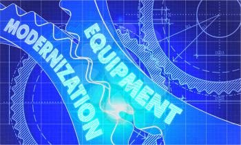 Equipment Modernization on the Mechanism of Cogwheels. Technical Blueprint illustration with Glow Effect. 3D Render.